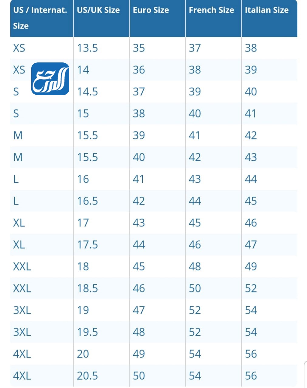 جدول مقاسات القمصان الرجالي