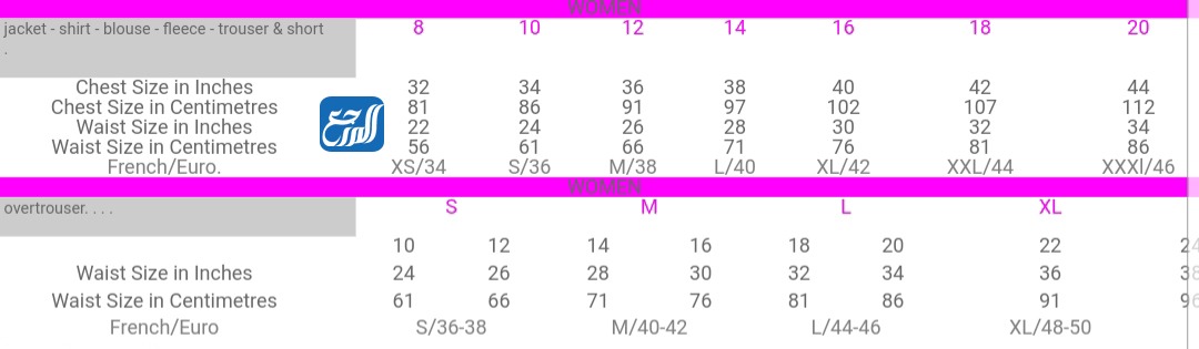 مقاسات الملابس بالارقام للنساء