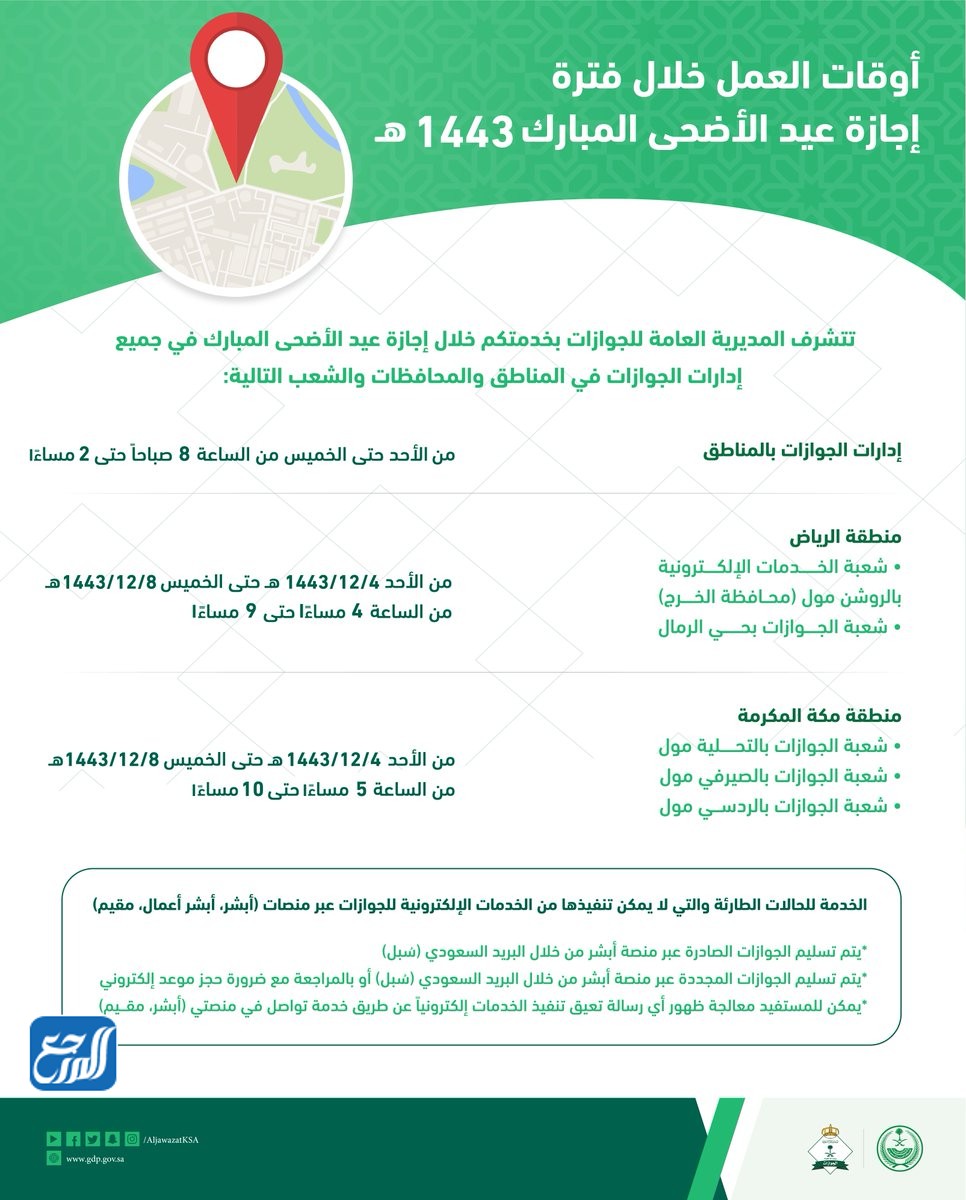 أوقات عمل الجوازات في عيد الأضحى المبارك 1443