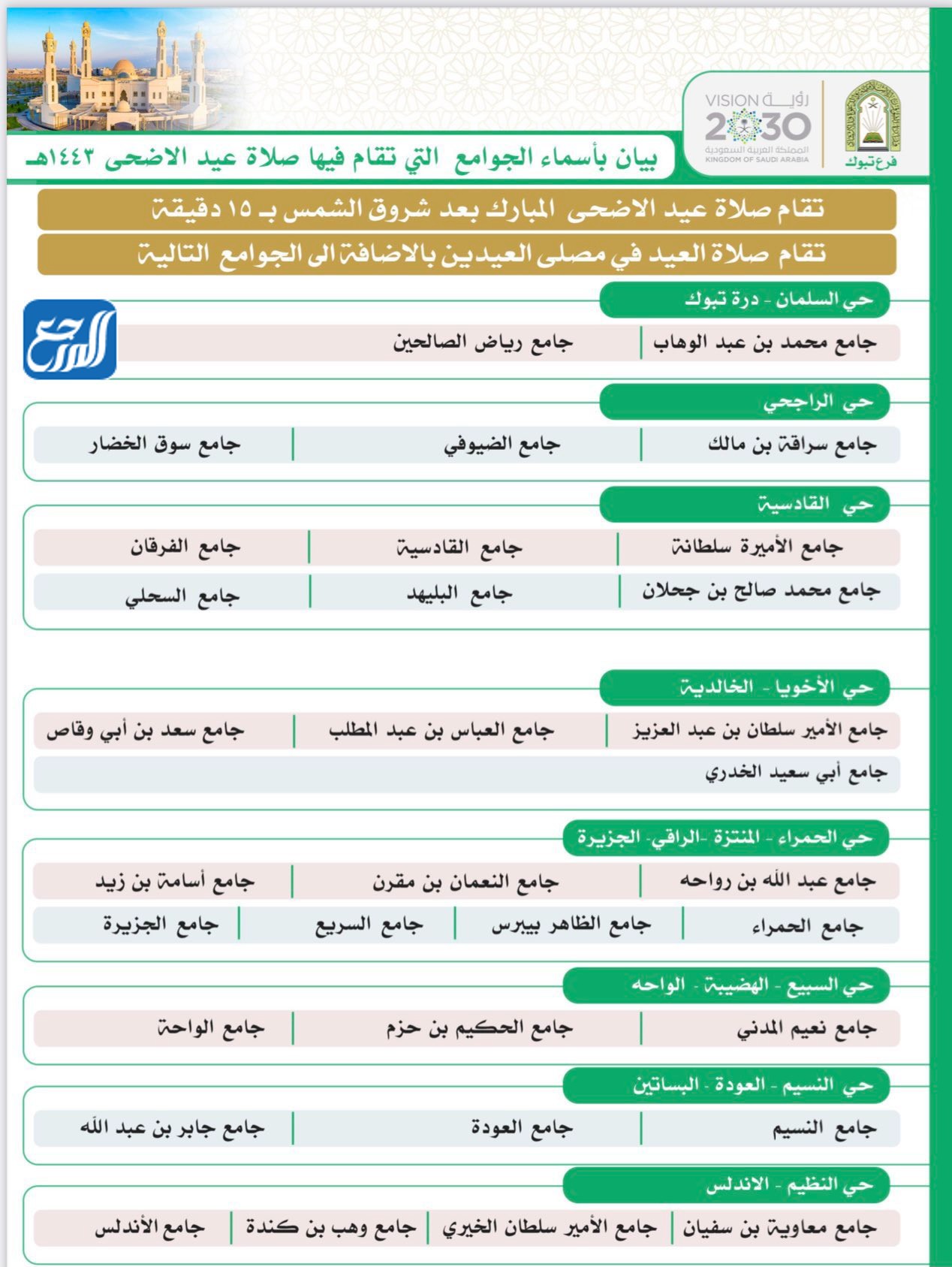 مساجد وجوامع صلاة عيد الاضحى في تبوك 1443
