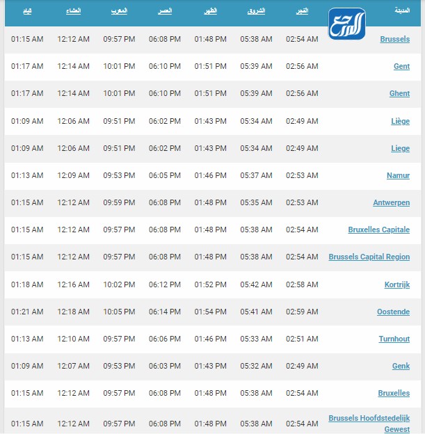 مواقيت الصلاة في مدن بلجيكا 2022