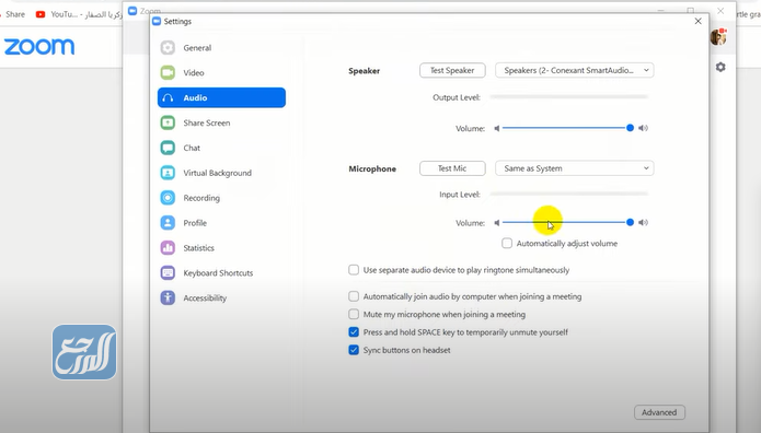 ضبط اعدادات الصوت في زوم