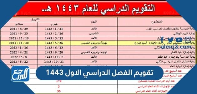 الفصل 1443 تقويم الدراسي الاول التقويم الدراسي