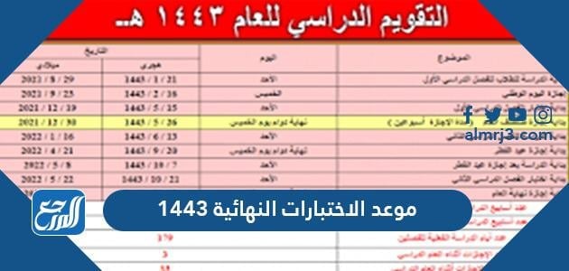 موعد الاختبارات النهائية 1443 وتقويم الفصل الدراسي الثاني 1443