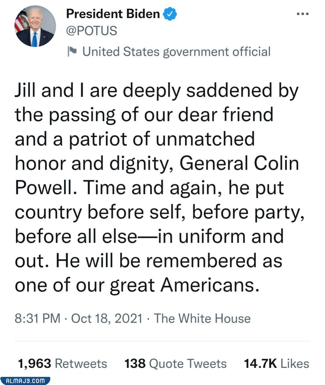 الرئيس الأمريكي ينعي كولين باول