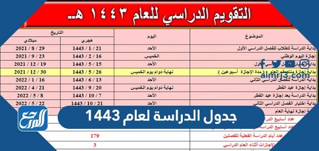 جدول الدراسة لعام 1443