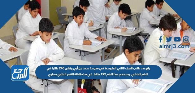 بلغ عدد طلاب الصف الثاني المتوسط في مدرسة سعد ابن أبي وقاص ٢٤٠ طالبا في العام الماضي، وعددهم هذا العام ١٩٢ طالبا. في هذه الحالة التغير المئوي يساوي