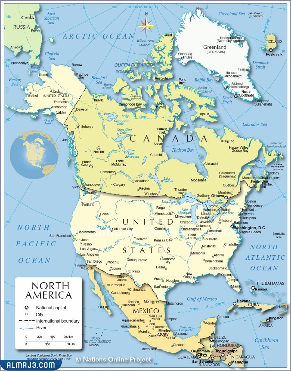 خريطة القارة الأمريكية الشمالية وحدودها