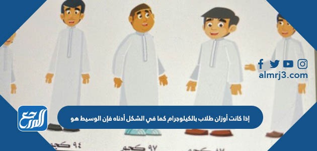 إذا كانت أوزان طلاب بالكيلوجرام كما في الشكل أدناه فإن الوسيط هو