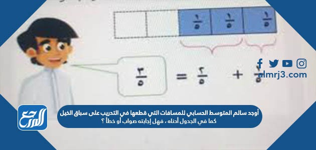 أوجد سالم المتوسط الحسابي للمسافات التي قطعها في التدريب على سباق الخيل كما في الجدول أدناه ، فهل إجابته صواب أو خطأ ؟