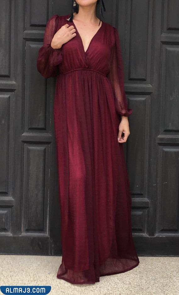 فستان شيفون أحمر غامق