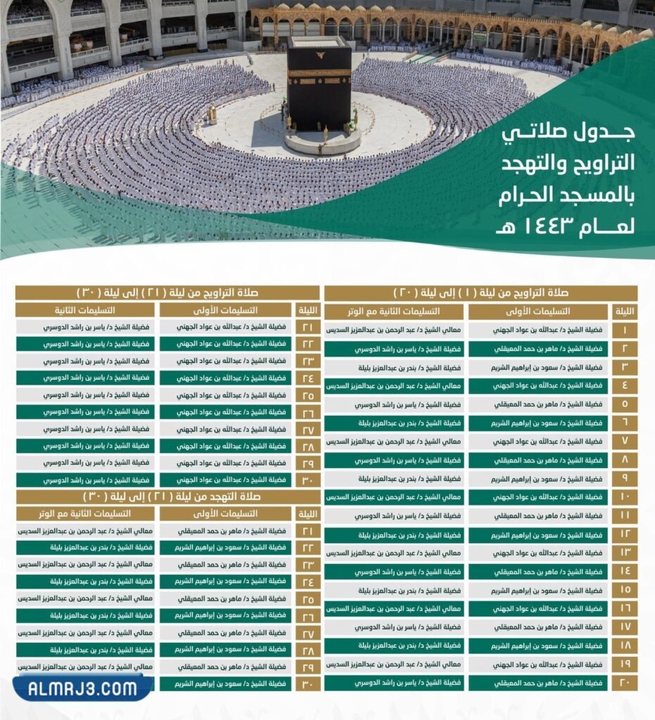 جدول أئمة صلاة التراويح الحرم المكي رمضان 1443
