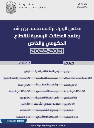 قائمة العطلات الرسمية في الإمارات 2022