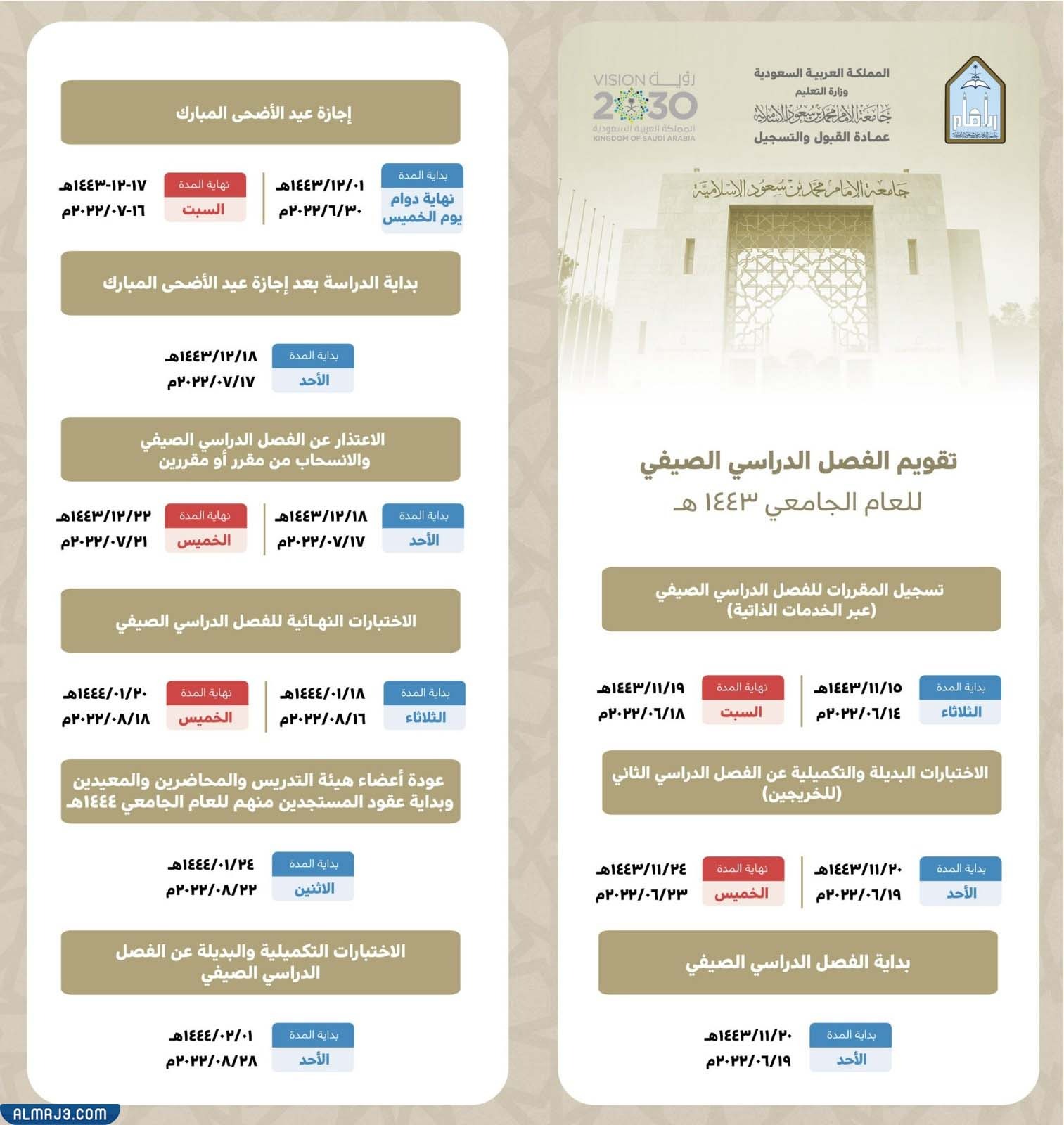 التقويم الصيفي لجامعة الإمام محمد بن سعود الإسلامية