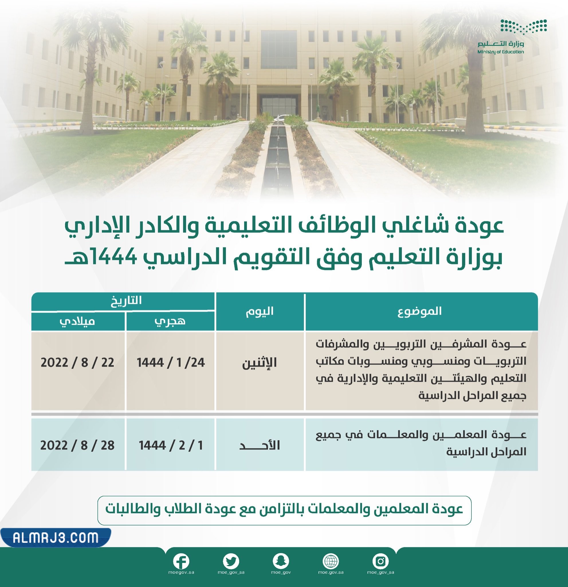 متى موعد عودة المعلمين والإداريين للدوام 1444