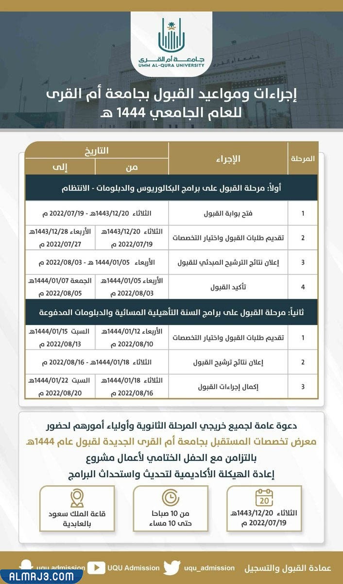 مواعيد التسجيل في جامعة أم القرى 1444 انتساب