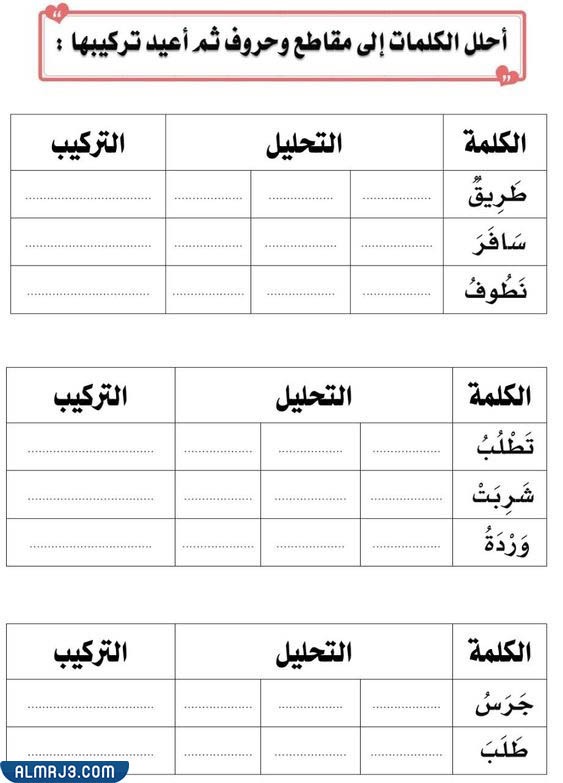 تمارين تحليل الكلمات إلى مقاطع
