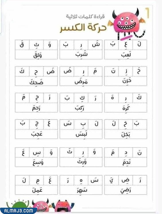 تمارين قراءة الحروف مع الحركات