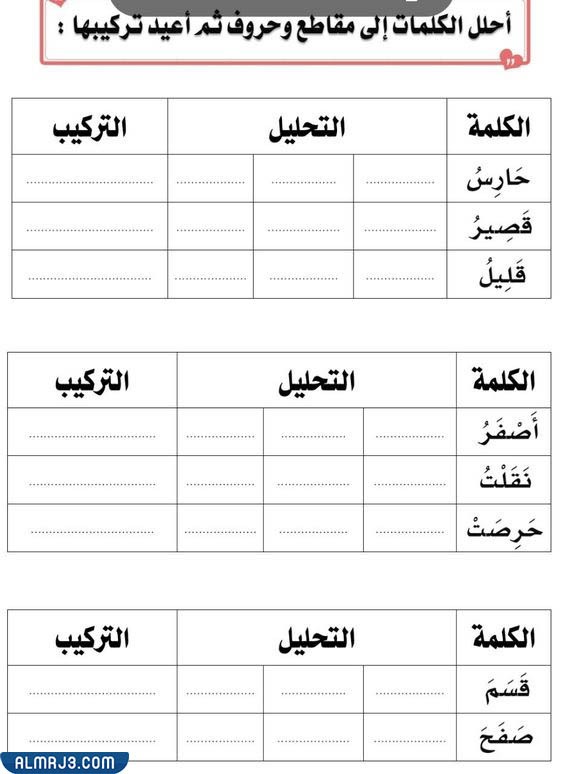 تمارين تحليل الكلمات إلى مقاطع