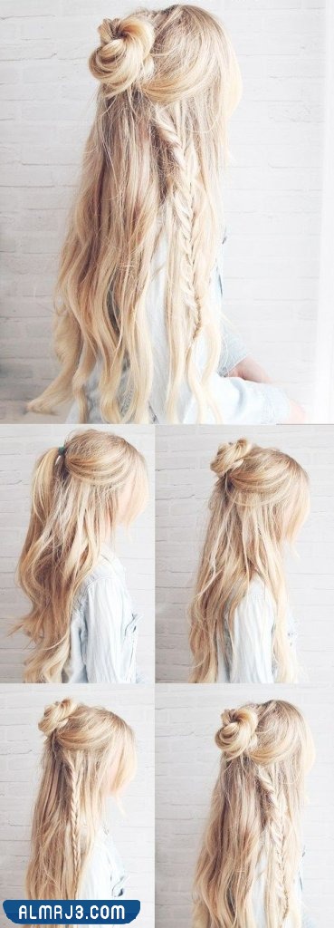 تسريحة رفع جزء من الشعر لأعلى بشكل دائرى وترك باقى الشعر بطوله