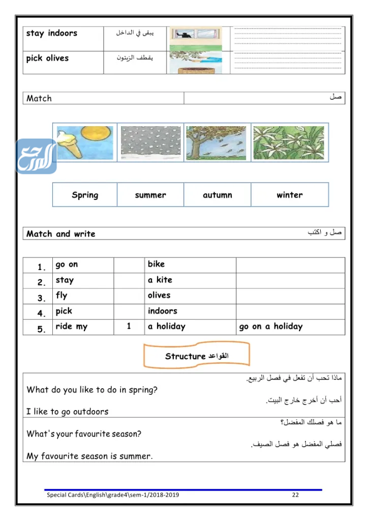 مطـويات لغة انجـليزية للـصف الـرابع توصيل عبارات