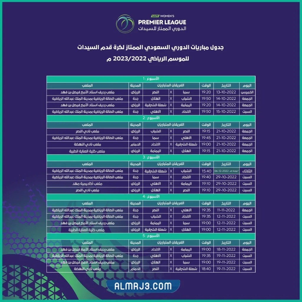 جدول مباريات دوري السيدات السعودي لكرة القدم