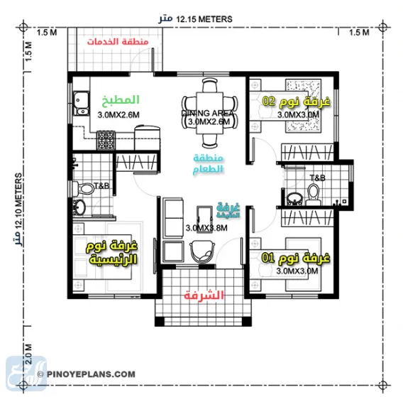 مخطط بيت دور واحد سعودي 12*12