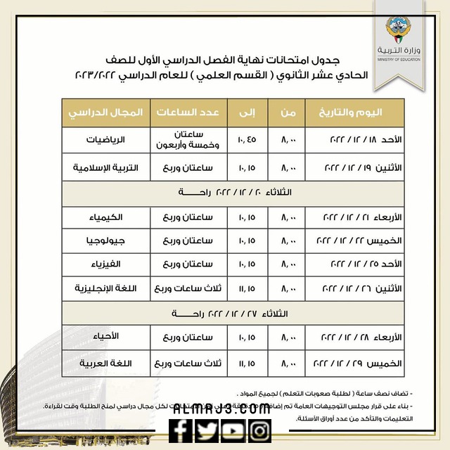 جدول اختبارات الصف الحادي عشر 2022 الكويت