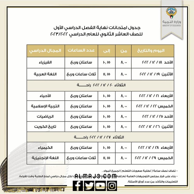 جدول اختبارات الصف العاشر 2022 الكويت