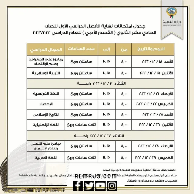 جدول اختبارات الفصل الأول للصف الحادي عشر2022