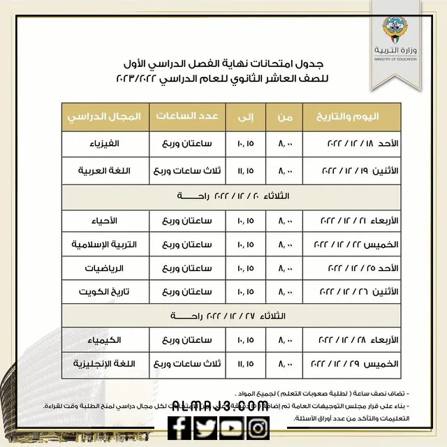 جدول اختبارات الفصل الأول للصف العاشر 2022
