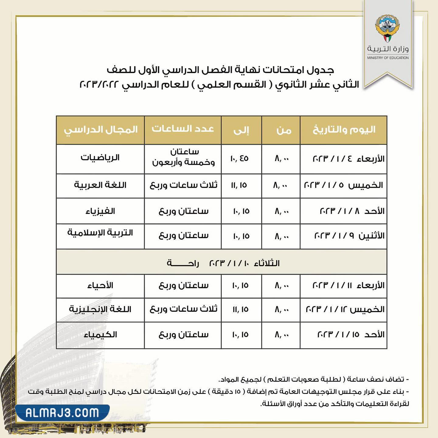 جدول امتحانات نهاية الفصل الدراسي الأول للصف الثاني عشر الثانوي قسم علمي