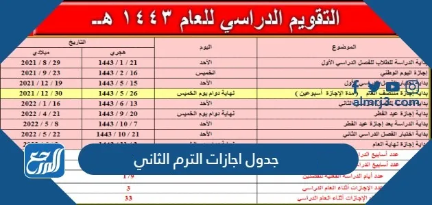 جدول اجازات الترم الثاني